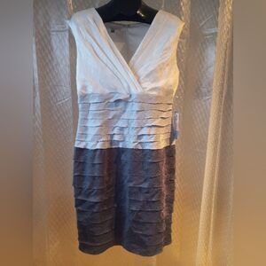 London Times Grey-White Ruffle Tiered Mini Cocktail Dress Size 14 NWT